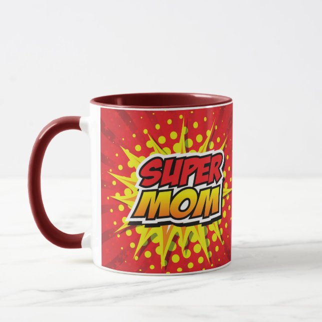 Comic Book Style Red and Yellow Super Mom Mug (Left)