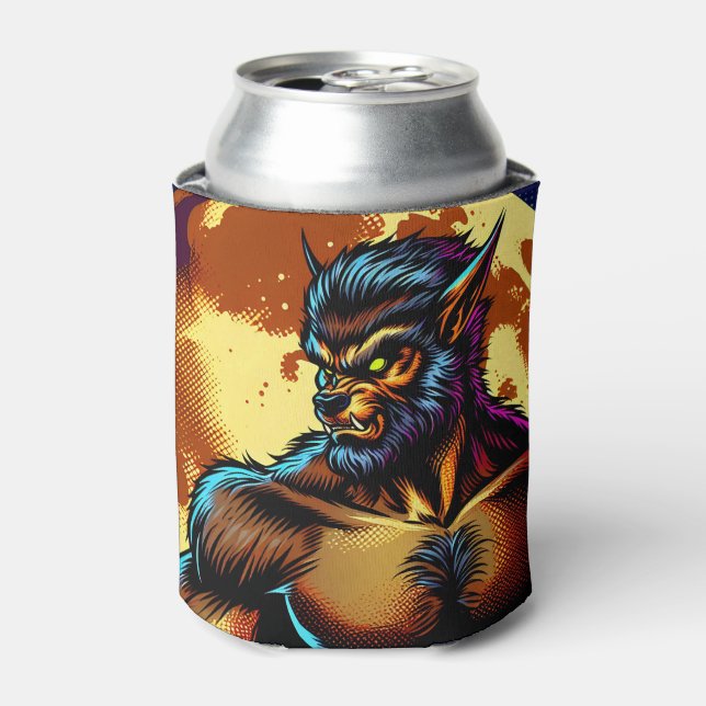 Comic Book Style Werewolf in Front of Full Moon Can Cooler (Can Front)