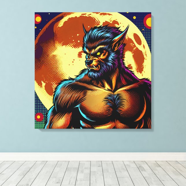 Comic Book Style Werewolf in Front of Full Moon Canvas Print (Insitu(Wood Floor))