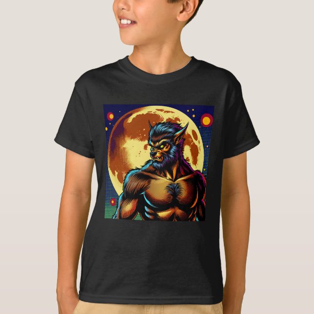 Comic Book Style Werewolf in Front of Full Moon T-Shirt (Front)