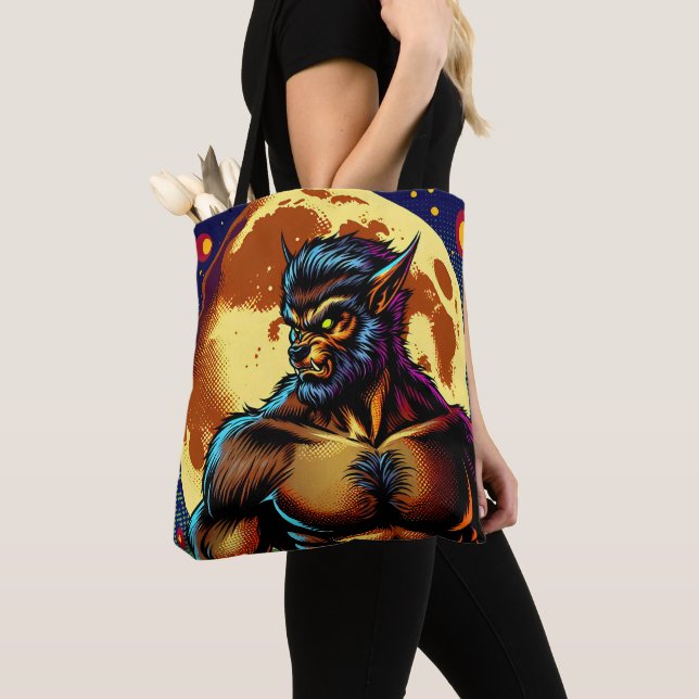 Comic Book Style Werewolf in Front of Full Moon Tote Bag (Close Up)
