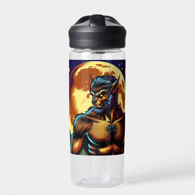 Comic Book Style Werewolf in Front of Full Moon Water Bottle (Front)