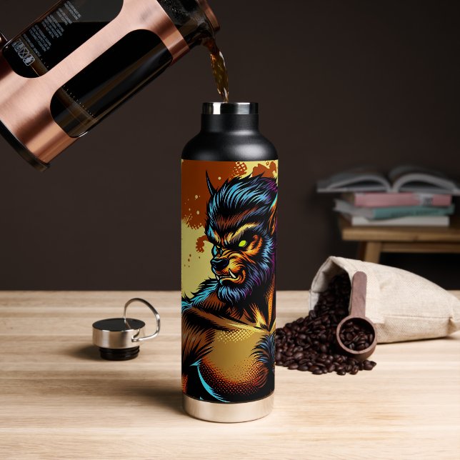 Comic Book Style Werewolf in Front of Full Moon Water Bottle (Coffee)