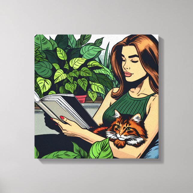 Comic Book Style Woman, Cat and Book Canvas Print (Front)