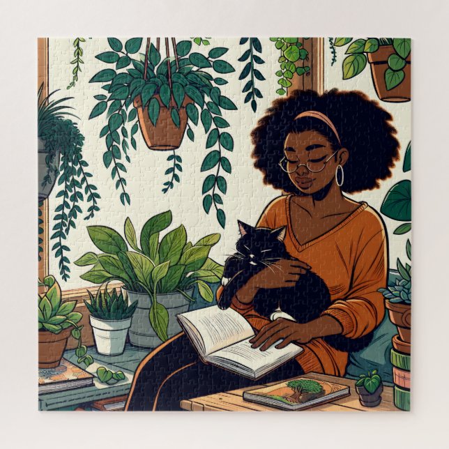 Comic Book Style Woman, Cat and Book Jigsaw Puzzle (Vertical)