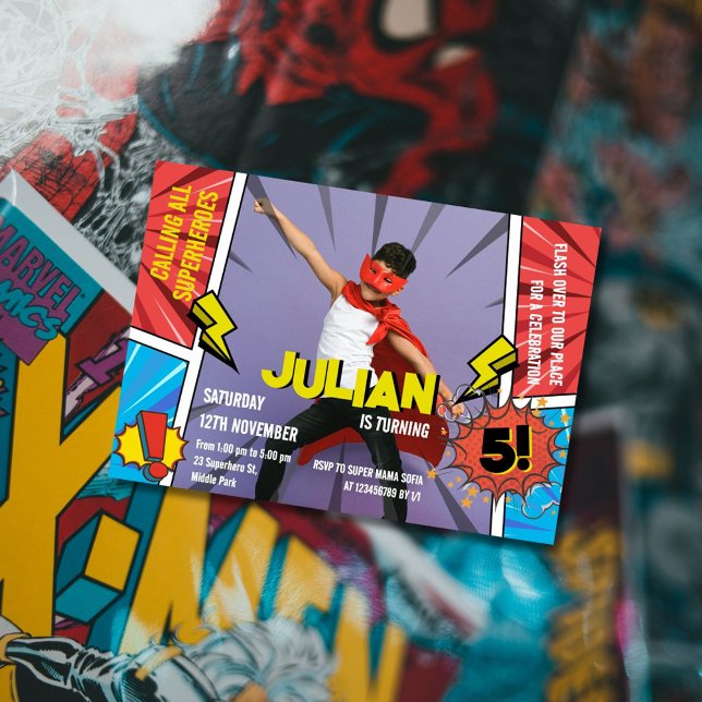 Comic Book Superhero 5th Boys Birthday Invitation (Creator Uploaded)