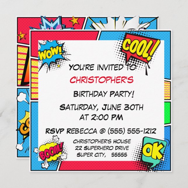 Comic Book Superhero Birthday Boy Custom Invitation (Front/Back)