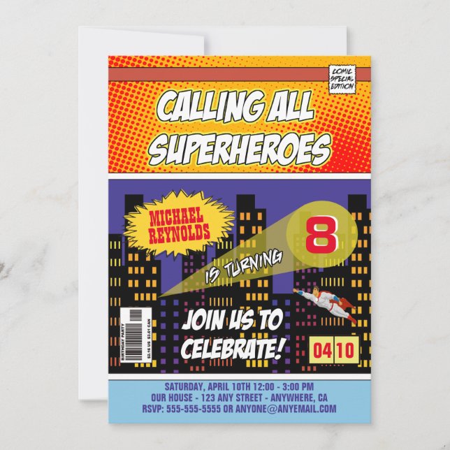 Comic Book Superhero Birthday Invitations (Front)