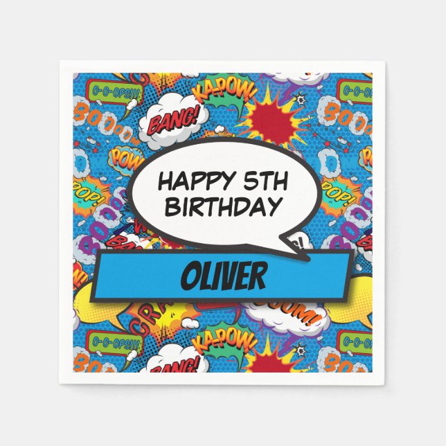 Comic Book Superhero Birthday Party Blue Napkin (Front)