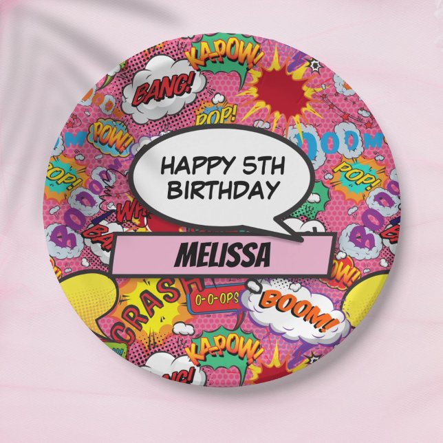 Comic Book Superhero Birthday Party Pink Paper Plate (Creator Uploaded)