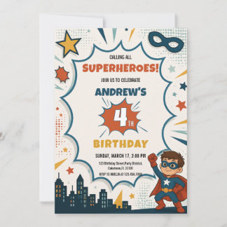 Comic Book Superhero Boy Pop Art Birthday Invitation