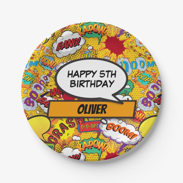 Comic Book Superhero Custom Birthday Party Paper Plate (Front)