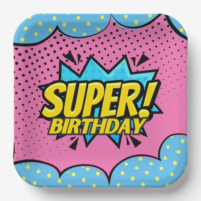 Comic book superhero girl birthday  paper plate (Front)
