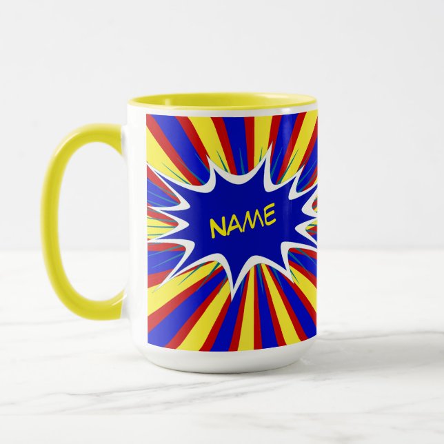 Comic Book Superhero Personalized Name Coffee Mug (Left)