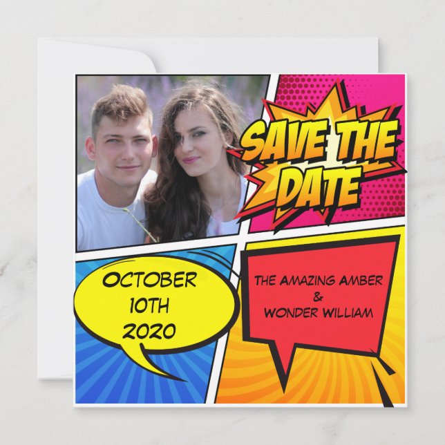 Comic Book Superhero Save The Date (Front)