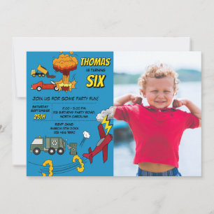 Comic Book Trucks Cars Vehicles Airplanes Birthday Invitation