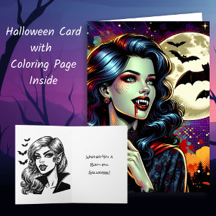Comic Book Vampire Halloween and Colouring Page Card