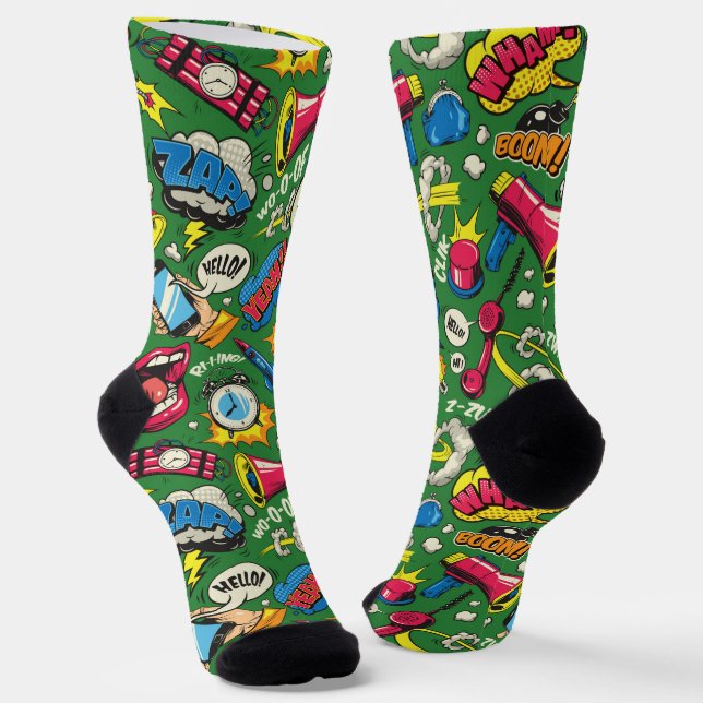 Comic Boom! Pop Art Personalized Green Socks (Angled)