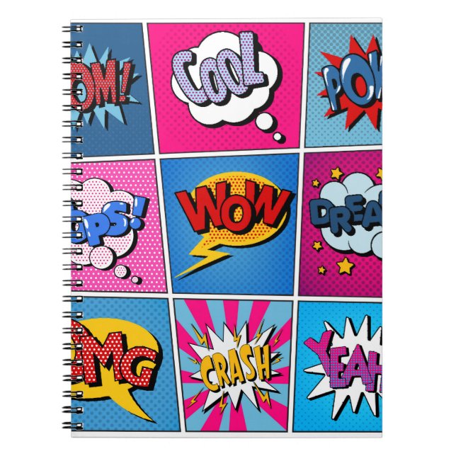 Comic Bubbles Set. Expressions Bom, Cool, Pow, Oop Notebook (Front)
