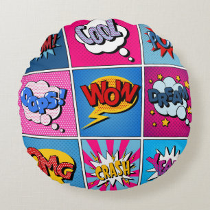 Comic Bubbles Set. Expressions Bom, Cool, Pow, Oop Round Pillow
