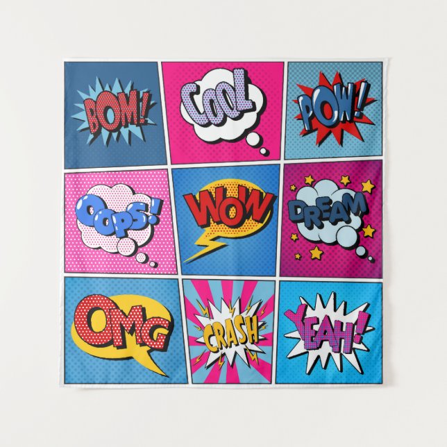Comic Bubbles Set. Expressions Bom, Cool, Pow, Oop Tapestry (Front)
