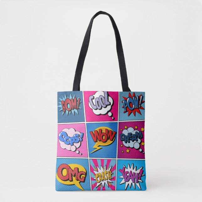 Comic Bubbles Set. Expressions Bom, Cool, Pow, Oop Tote Bag (Front)