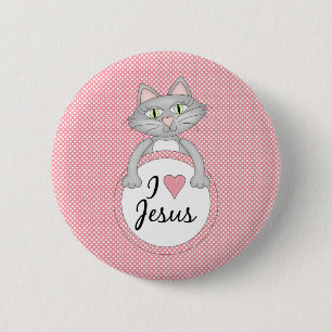 Comic Cat I Love Jesus Button