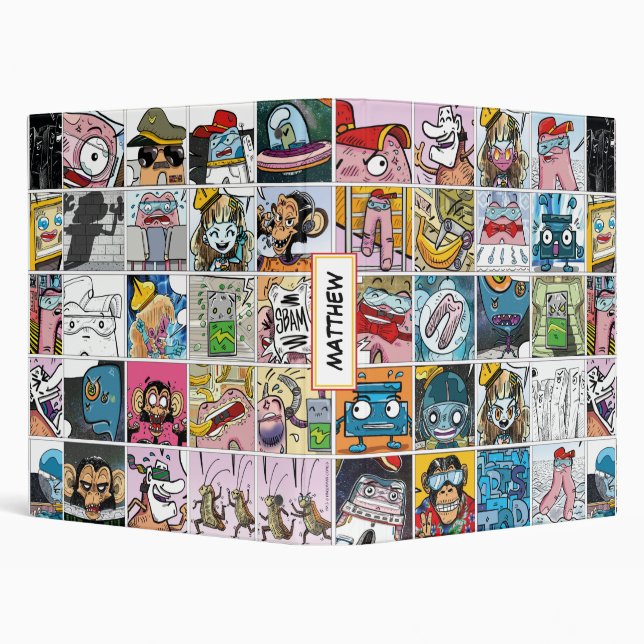 Comic Characters Kids Pattern Name 3 Ring Binder (Background)