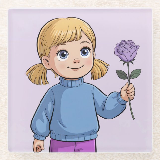 Comic Girl Lavender Rose Glass Coaster (Front)