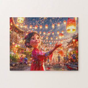 Comic Girl with Lanterns Celebrating Chinese New Y Jigsaw Puzzle