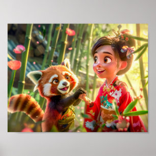 Comic Girl with Red Panda in Playful Scene Poster