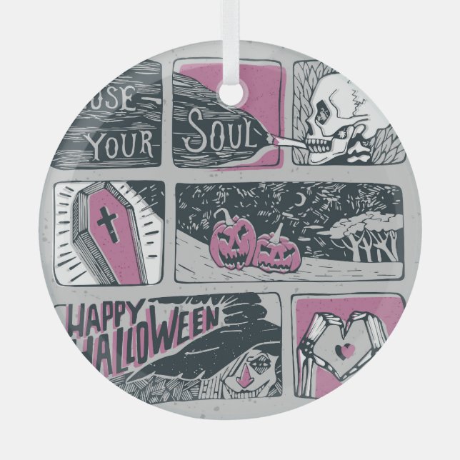 Comic Halloween: Fun Illustration Glass Ornament (Front)