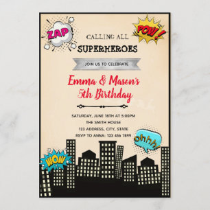 Comic hero joint birthday invitation