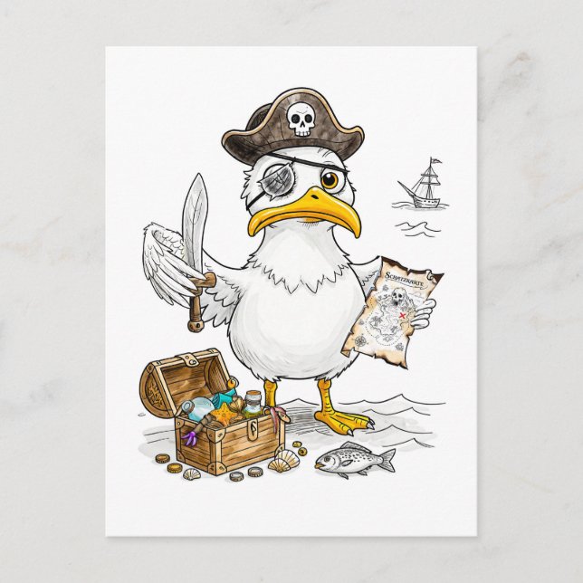 Comic Pirate Bird Treasure Hunt Postcard (Front)