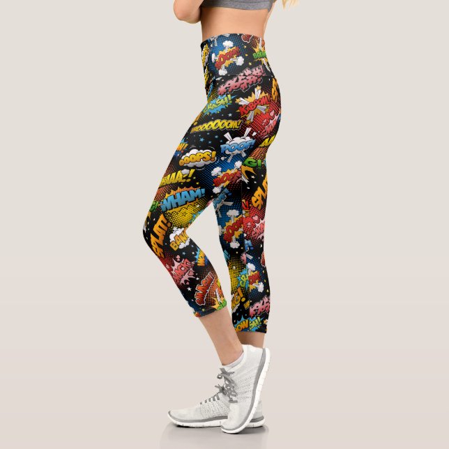 Comic Pop Art Cartoon Super Hero Capri Leggings (Left)