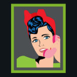 Comic Pop Art Poster<br><div class="desc">Comic Pop Art Poster with Woman on the Phone, Vintage Lady with Bow, Green and Gray Border, </div>