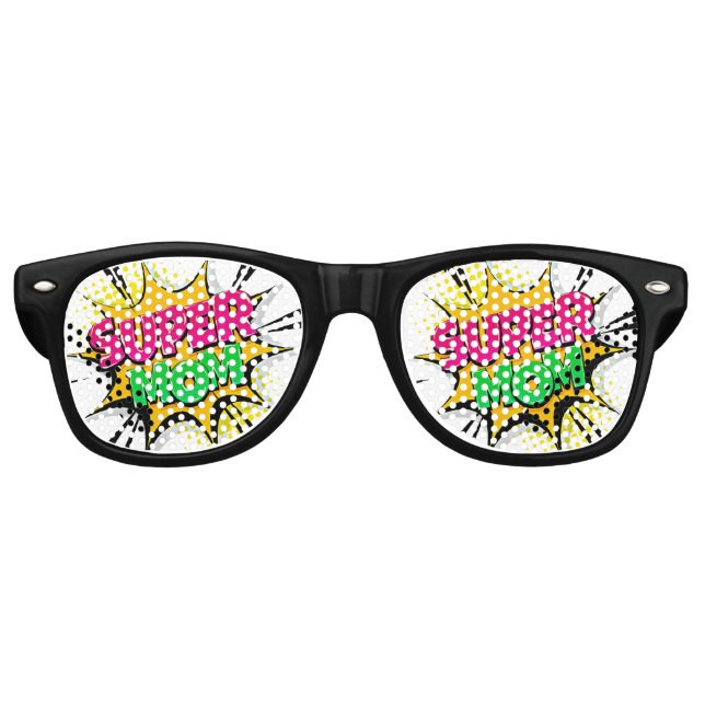 Comic Pop Art Purple Green Yellow SUPER MOM Funny  Retro Sunglasses (Front)