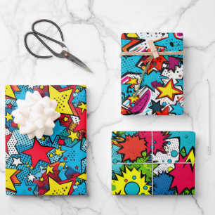 Comic Pop Art Style Stars Colorful Pattern Gift Wrapping Paper Sheet