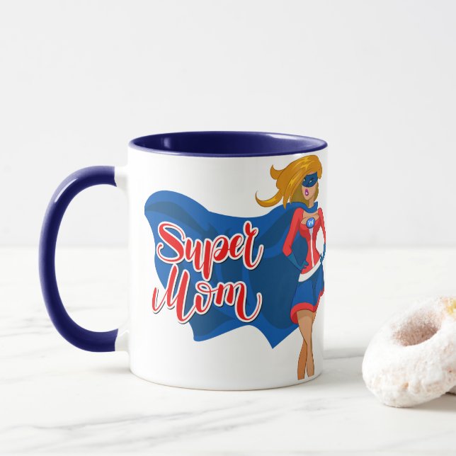 Comic Pop Art Super Mom in a Cape Mug (With Donut)