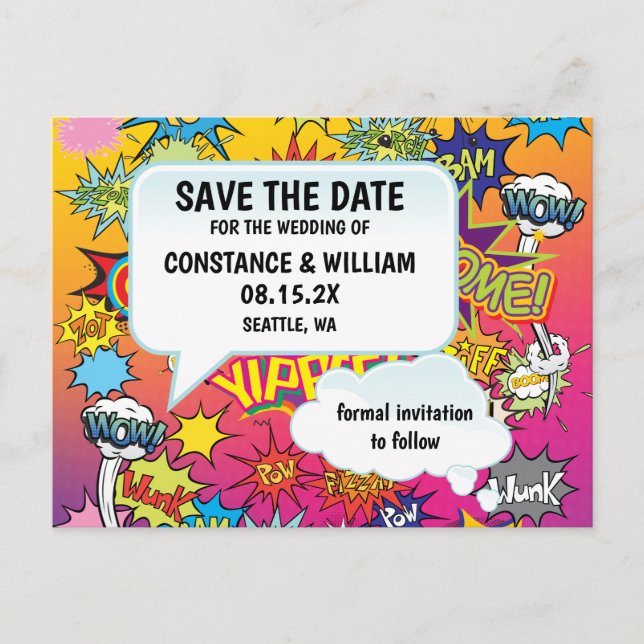 Comic Pop Art 💥🎨 Wedding Graffiti Save the Date Announcement Postcard (Front)