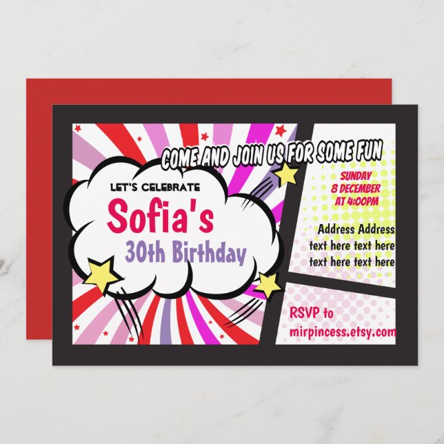 comic, retro, pop art, Superhero  birthday invite (Front/Back)