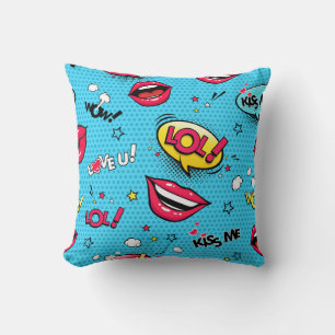 Comic speech bubbles and female lips with differen throw pillow
