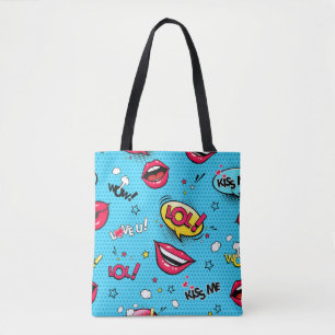 Comic speech bubbles and female lips with differen tote bag
