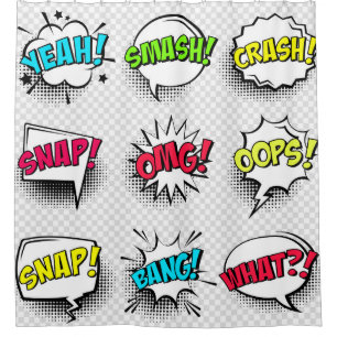 Comic speech bubbles with halftone shadow and text