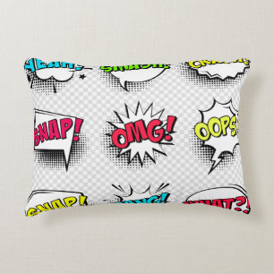 Comic speech bubbles with halftone shadow and text accent pillow