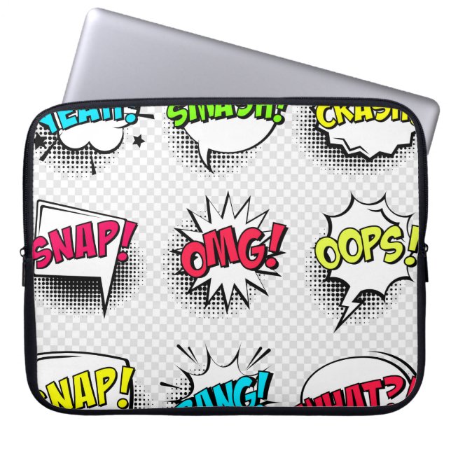 Comic speech bubbles with halftone shadow and text laptop sleeve (Front)