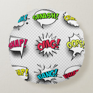 Comic speech bubbles with halftone shadow and text round pillow