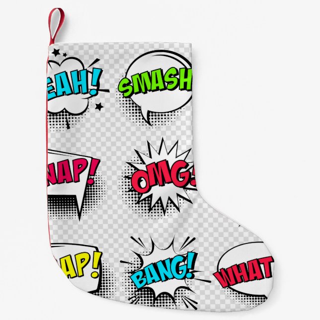Comic speech bubbles with halftone shadow and text small christmas stocking (Front)