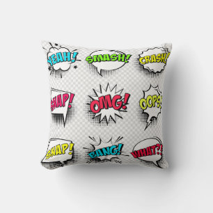 Comic speech bubbles with halftone shadow and text throw pillow