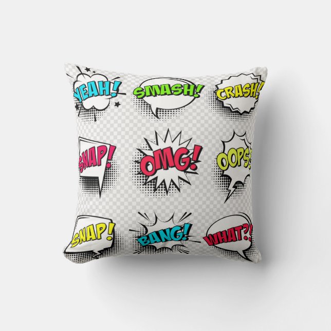 Comic speech bubbles with halftone shadow and text throw pillow (Front)
